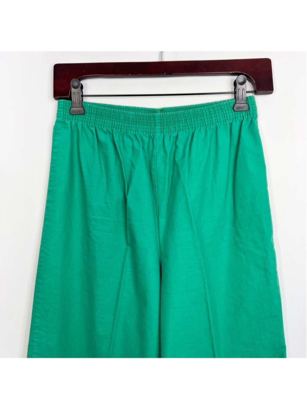 Vintage 70s 80s pure cotton Kelly green straight leg cropped pull on trousers S - Picture 6 of 10